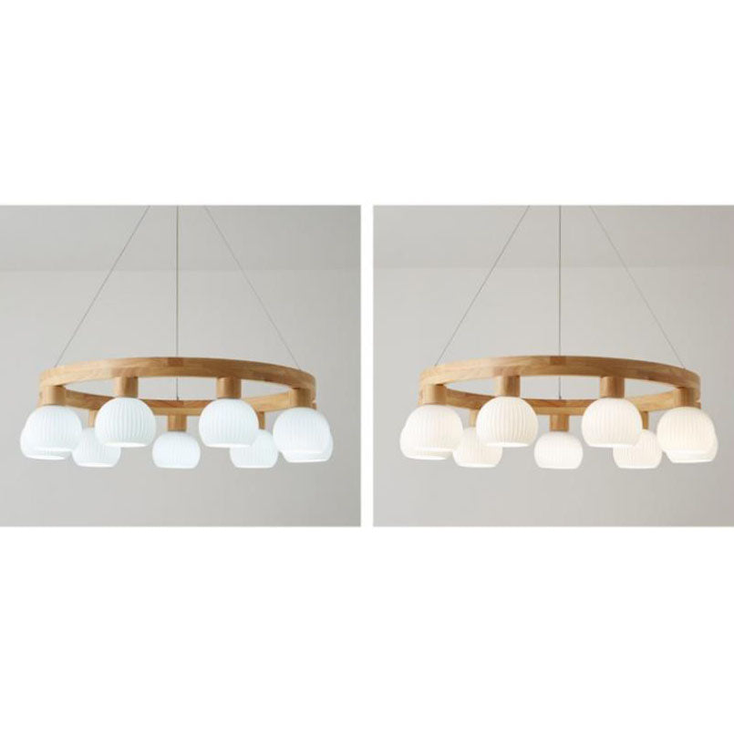 Modern Japanese Log Ring Textured Glass Globe Chandelier - 3/6/9 Light Pendant Fixture for Dining Room, Living Room, and Entryway Lighting