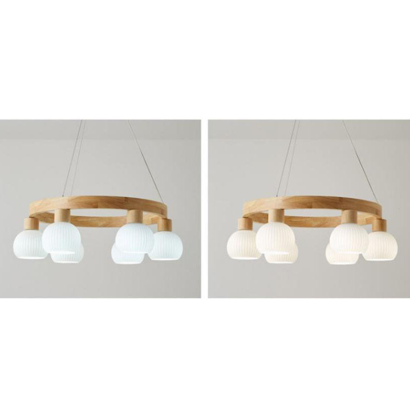 Modern Japanese Log Ring Textured Glass Globe Chandelier - 3/6/9 Light Pendant Fixture for Dining Room, Living Room, and Entryway Lighting