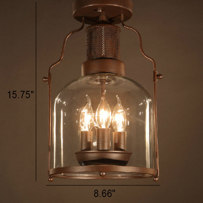 Industrial Vintage Iron Glass Lantern 3-Light Semi-Flush Mount Ceiling Light