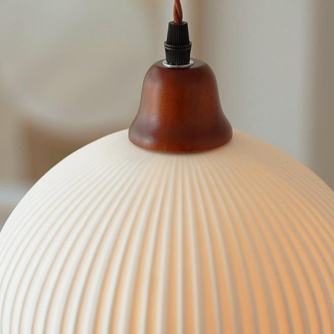 Traditional Japanese Pleated Round Dome Pendant Light - Solid Wood & Iron, 1-Light Fixture for Living Room & Bedroom