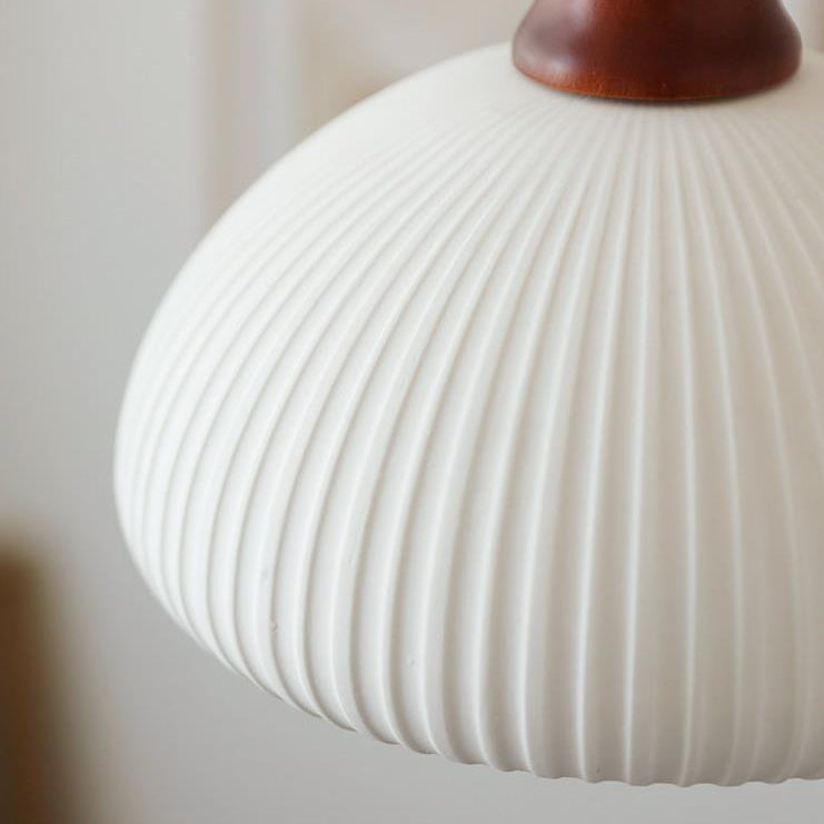 Traditional Japanese Pleated Round Dome Pendant Light - Ceramic & Wood Design for Living Room & Bedroom