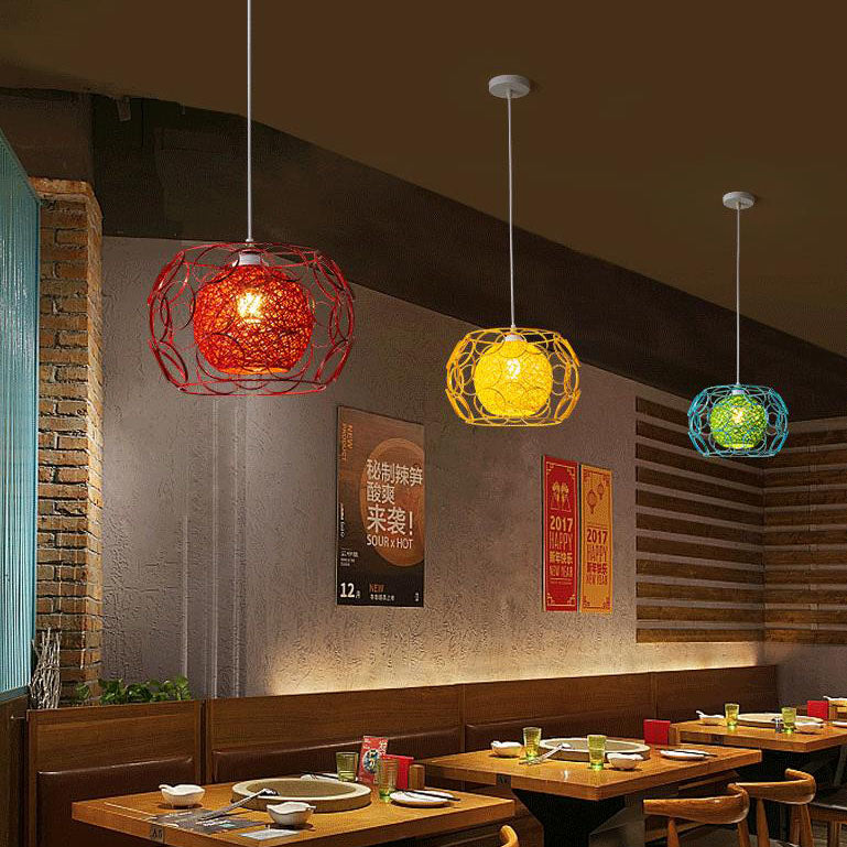 Modern Hemp Ball Pendant Light - Minimalist Iron Drum Fixture for Living Room