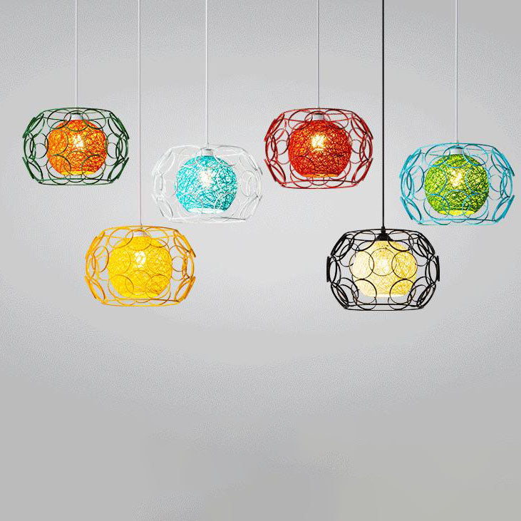 Modern Hemp Ball Pendant Light - Minimalist Iron Drum Fixture for Living Room