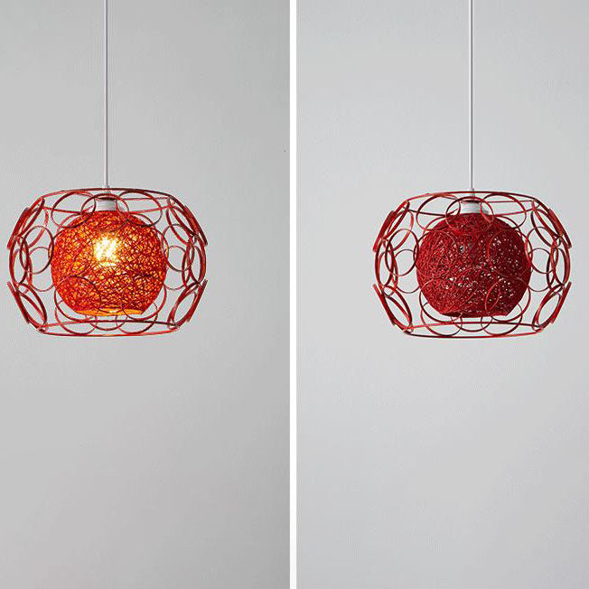 Modern Hemp Ball Pendant Light - Minimalist Iron Drum Fixture for Living Room