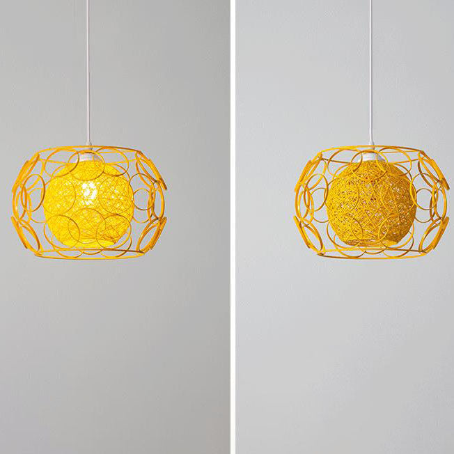 Modern Hemp Ball Pendant Light - Minimalist Iron Drum Fixture for Living Room