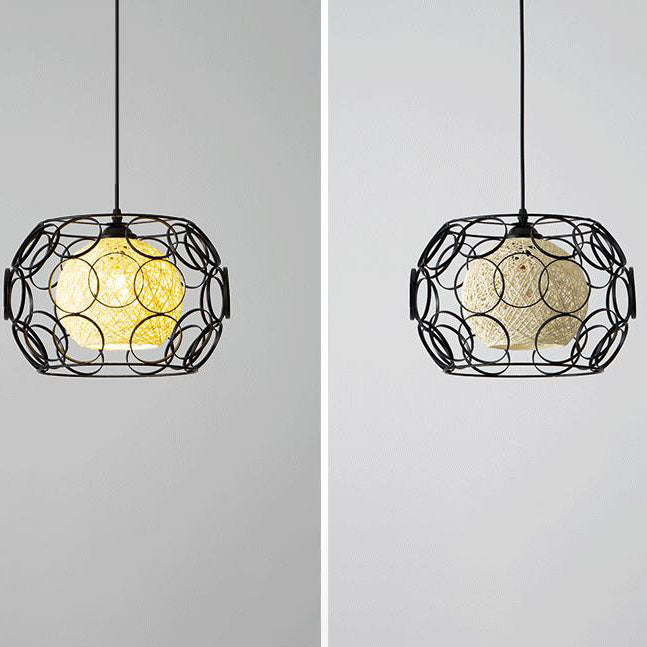 Modern Hemp Ball Pendant Light - Minimalist Iron Drum Fixture for Living Room