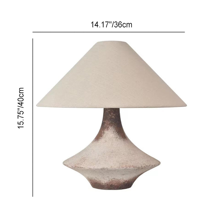 Wabi-Sabi Vintage Cone Vase Base Ceramic Fabric 1-Light Table Lamp, Handmade Rustic Home Decor, Boho Chic Lighting, Unique Artistic Accent Lamp for Bedroom, Living Room, Eco-Friendly Design, Aesthetic Interior Style, Natural Materials Lighting Solution