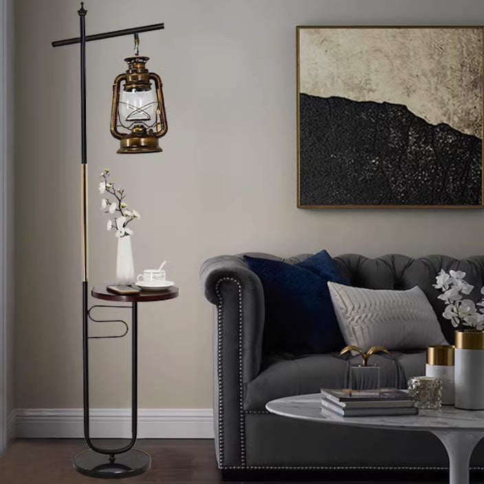 Vintage European Lantern Floor Lamp - Iron, Wood & Marble, 1-Light Standing Design
