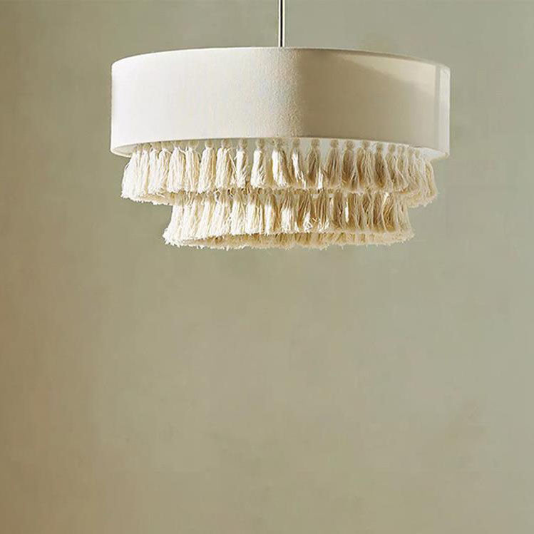 Contemporary Boho 3-Light Chandelier - Fabric Shade with Tassel & Braided Rope for Living Room