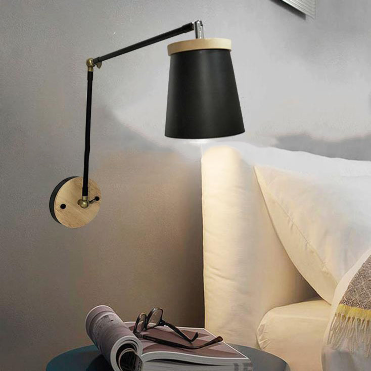 Contemporary Scandinavian Wood & Iron Cylinder Wall Sconce Lamp for Bedroom
