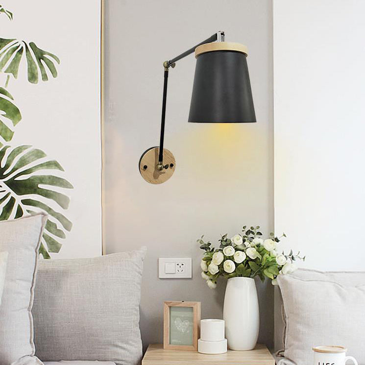 Contemporary Scandinavian Wood & Iron Cylinder Wall Sconce Lamp for Bedroom