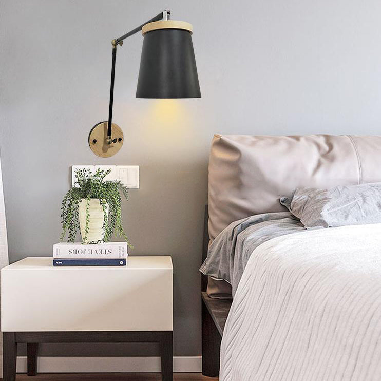 Contemporary Scandinavian Wood & Iron Cylinder Wall Sconce Lamp for Bedroom