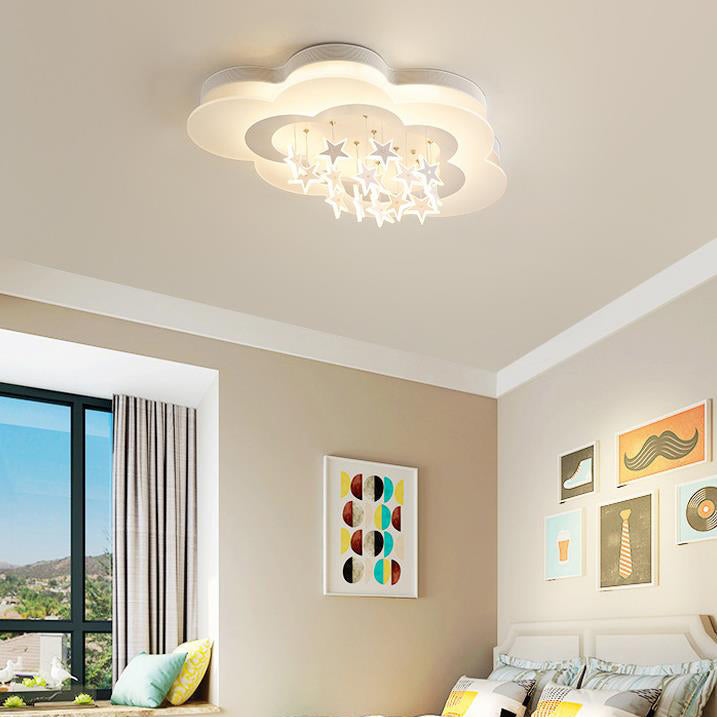 Contemporary Nordic Star Decor Cloud Acrylic Shade LED Kids Flush Mount Ceiling Light for Bedroom, Nursery Lighting, Modern Child Room Fixture, Cute Star Design, Energy Efficient, Easy Installation, White and Pastel Colors, Adjustable Brightness, Soft Glo