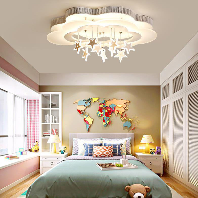 Contemporary Nordic Star Decor Cloud Acrylic Shade LED Kids Flush Mount Ceiling Light for Bedroom, Nursery Lighting, Modern Child Room Fixture, Cute Star Design, Energy Efficient, Easy Installation, White and Pastel Colors, Adjustable Brightness, Soft Glo