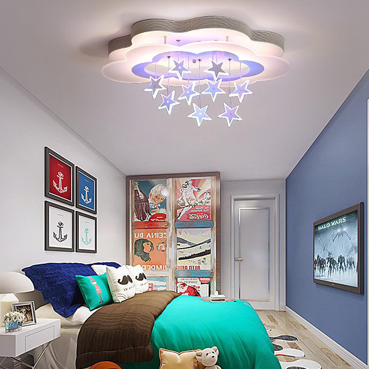 Contemporary Nordic Star Decor Cloud Acrylic Shade LED Kids Flush Mount Ceiling Light for Bedroom, Nursery Lighting, Modern Child Room Fixture, Cute Star Design, Energy Efficient, Easy Installation, White and Pastel Colors, Adjustable Brightness, Soft Glo