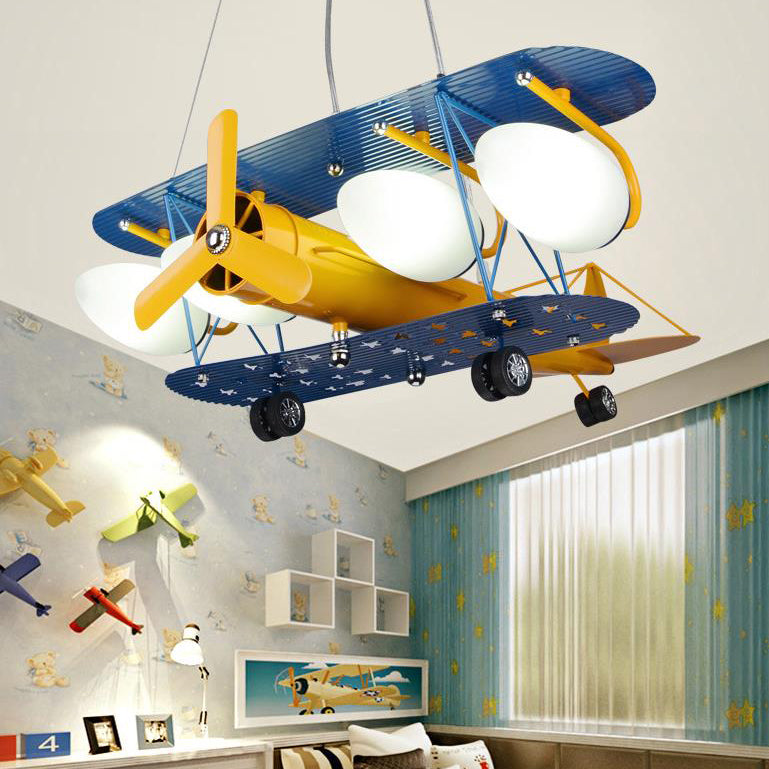 Contemporary Creative Cartoon Metal Aircraft Glass Shade 5-Light Kids Chandelier for Bedroom, Unique Kids Lighting Fixture, Fun Airplane Design, Stylish Bedroom Decor, Modern Ceiling Light for Children's Room, Colorful Aircraft Chandelier, Playful Lightin