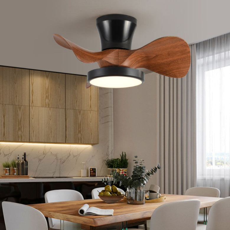 Contemporary Industrial Round Wood Grain LED Semi-Flush Mount Ceiling Fan Light for Living Room