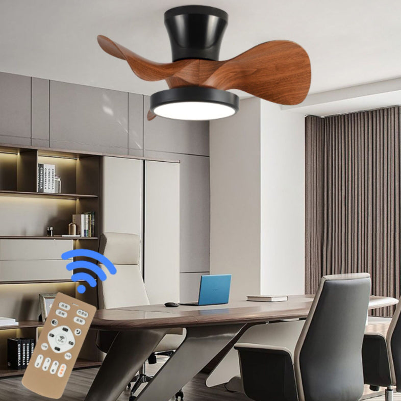Contemporary Industrial Round Wood Grain LED Semi-Flush Mount Ceiling Fan Light for Living Room