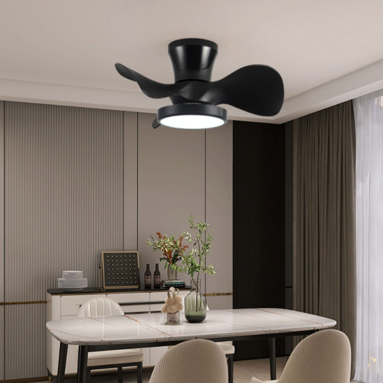 Contemporary Industrial Round Wood Grain LED Semi-Flush Mount Ceiling Fan Light for Living Room