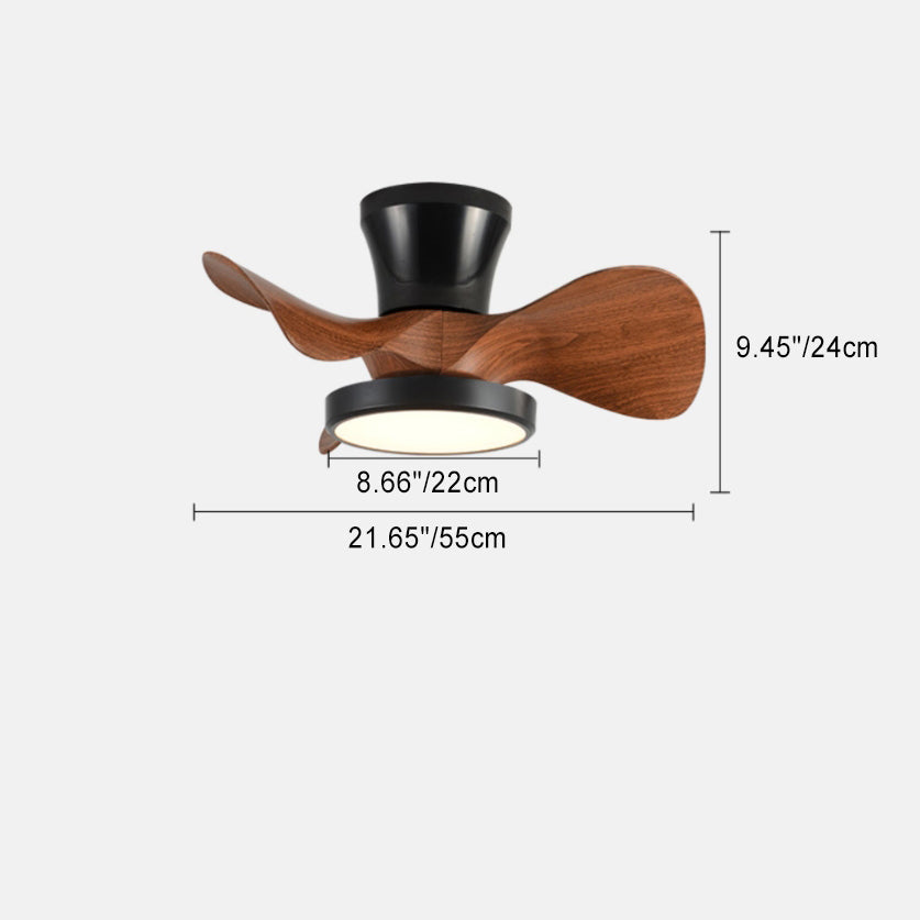 Contemporary Industrial Round Wood Grain LED Semi-Flush Mount Ceiling Fan Light for Living Room