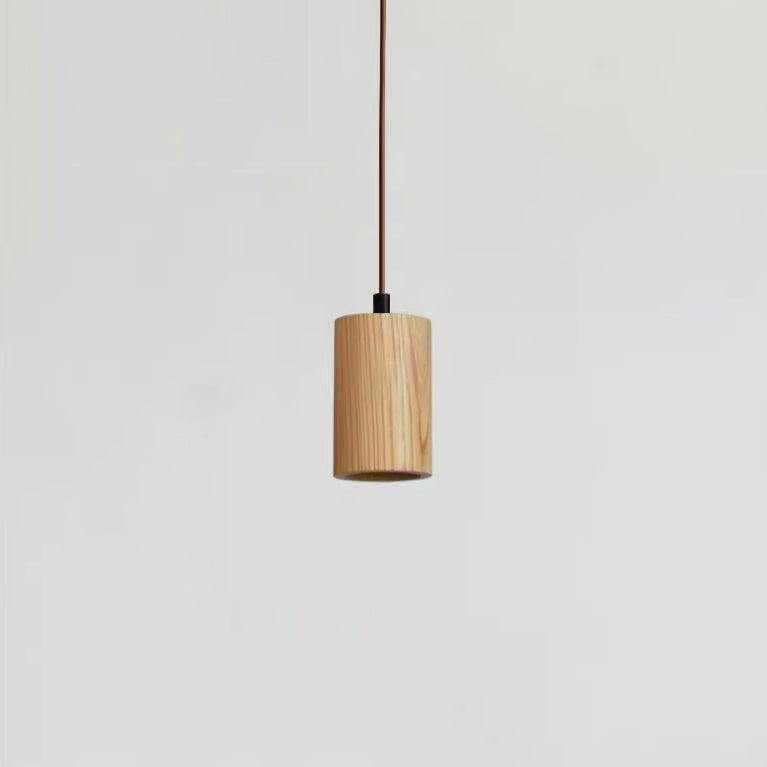 Wooden Cylindrical 1-Light Pendant Light - Rustic Hanging Fixture