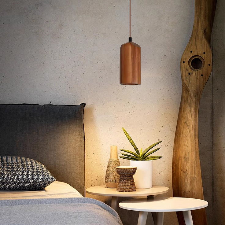 Small Wooden Pendant Light - 1-Light Cylinder Shade, Rustic Design, Eco-Friendly Home Lighting