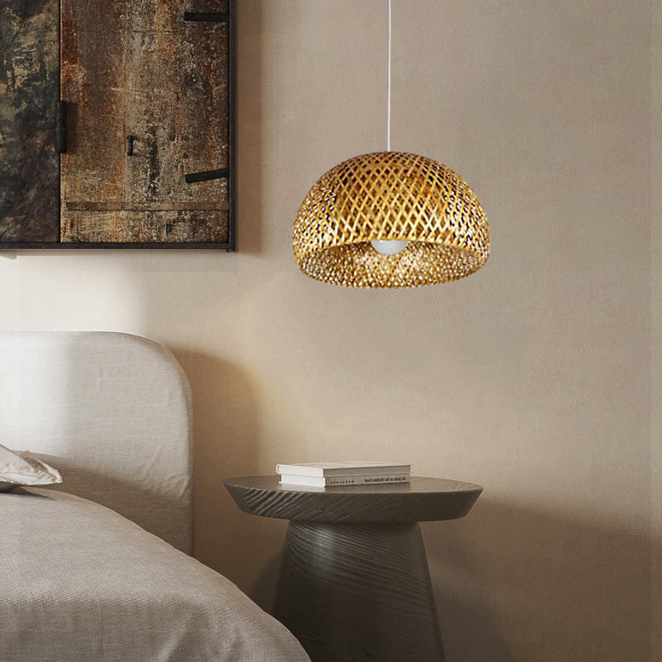 Vintage Bamboo Metal Weaving Round Pendant Light for Living Room