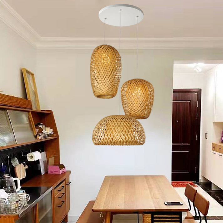 Vintage Bamboo Metal Weaving Round Pendant Light for Living Room