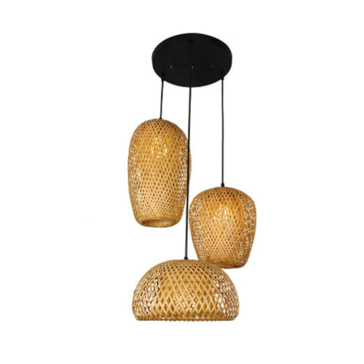 Vintage Bamboo Metal Weaving Round Pendant Light for Living Room