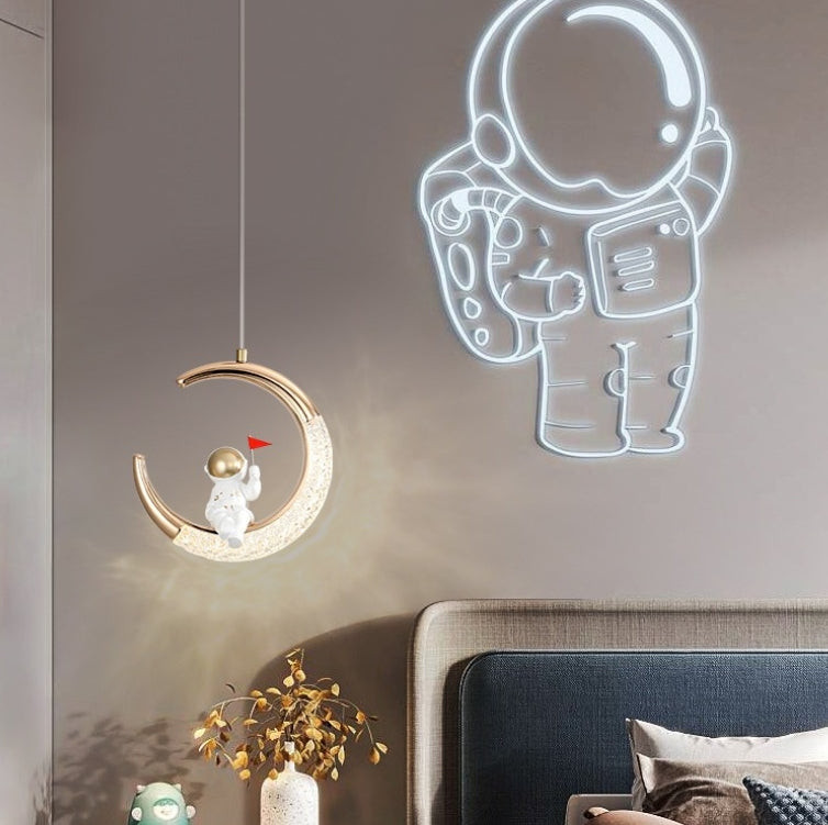 Modern Minimalist Acrylic Iron Astronaut Moon LED Pendant Light for Kids Room, Bedroom, Living Room Decor, Unique Space Themed Lighting, Stylish Nursery Light Fixture