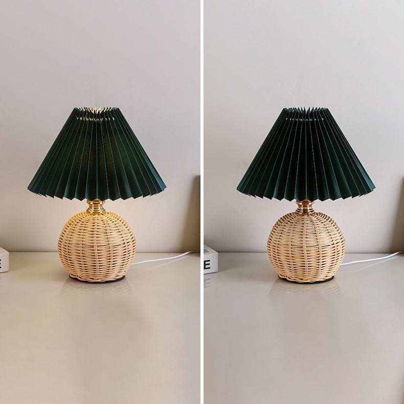 Contemporary Nordic Rattan Fabric Pleated Conic Ball LED Table Lamp Bedroom Decor Modern Lighting Elegant Home Accessories Stylish Bedroom Illumination Eco-Friendly Lighting Design Rustic Chic Table Lamp Warm White Glow Bedroom Aesthetic Sustainable Mater