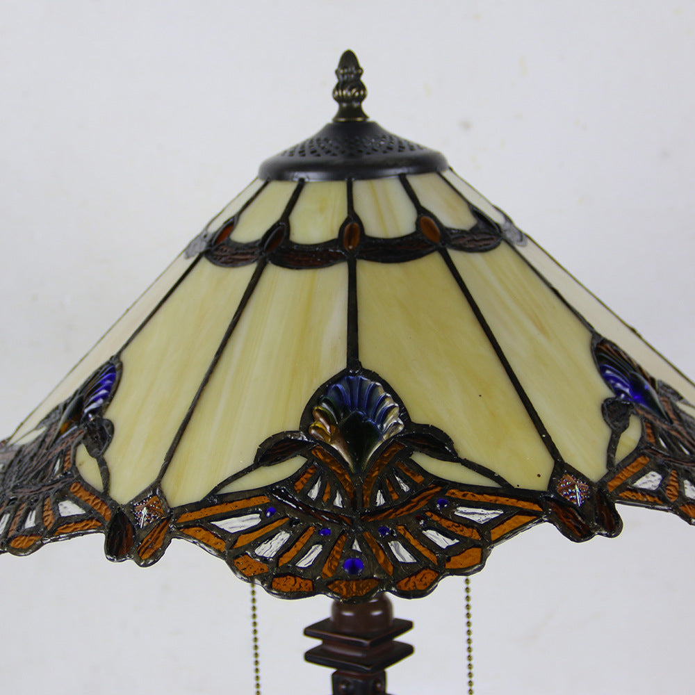 Tiffany Style Stained Glass 2-Light Cone Pull Cord Table Lamp for Bedroom