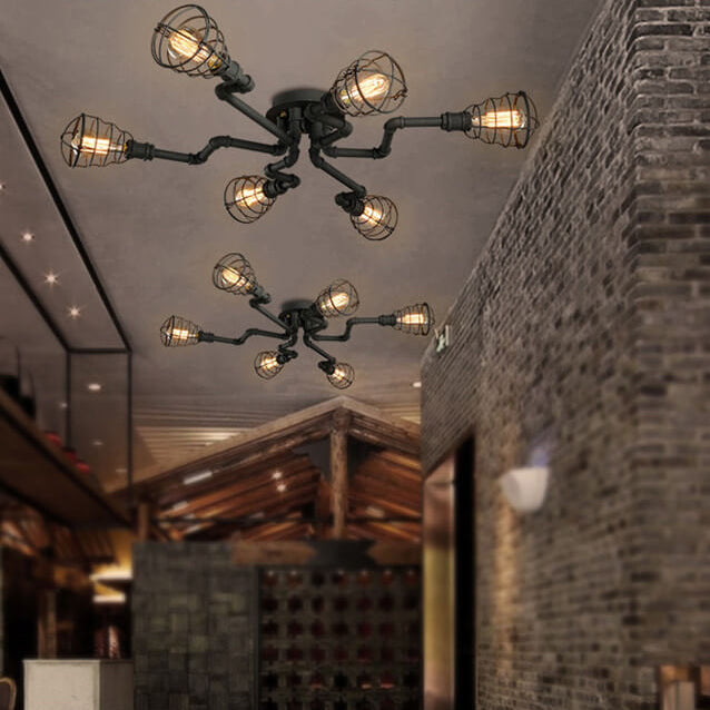 Industrial Vintage Water Pipe Flush Mount Light - 4/6/8 Light Round Iron Ceiling Fixture