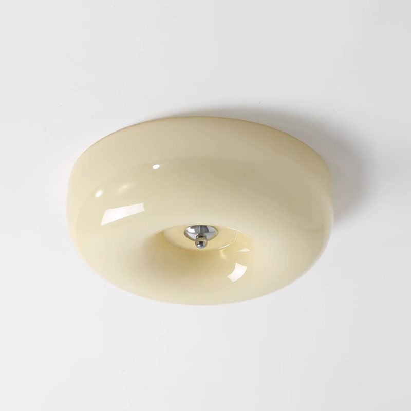 Contemporary Nordic Creamy Yellow Pudding Glass Shade Iron LED Flush Mount Ceiling Light
