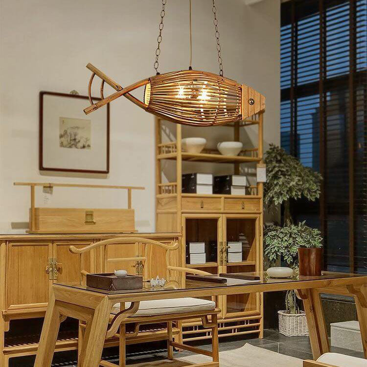Vintage Bamboo Fish Pendant Light - 1-Light Hanging Lamp for Home Decor, Bohemian Style, Natural Materials, Eco-Friendly Lighting