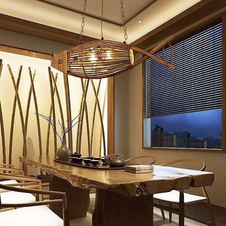 Vintage Bamboo Fish Pendant Light - 1-Light Hanging Lamp for Home Decor, Bohemian Style, Natural Materials, Eco-Friendly Lighting