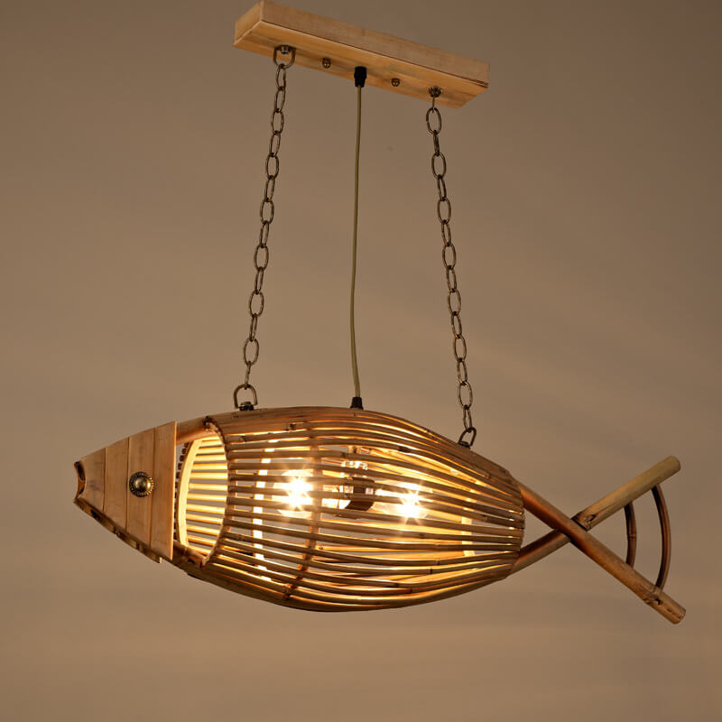Vintage Bamboo Fish Pendant Light - 1-Light Hanging Lamp for Home Decor, Bohemian Style, Natural Materials, Eco-Friendly Lighting