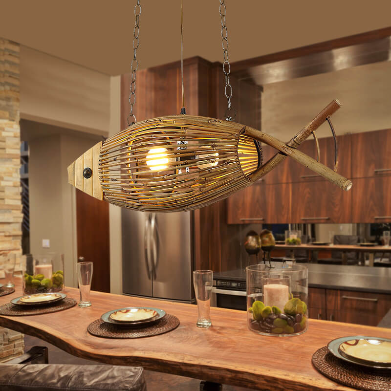 Vintage Bamboo Fish Pendant Light - 1-Light Hanging Lamp for Home Decor, Bohemian Style, Natural Materials, Eco-Friendly Lighting