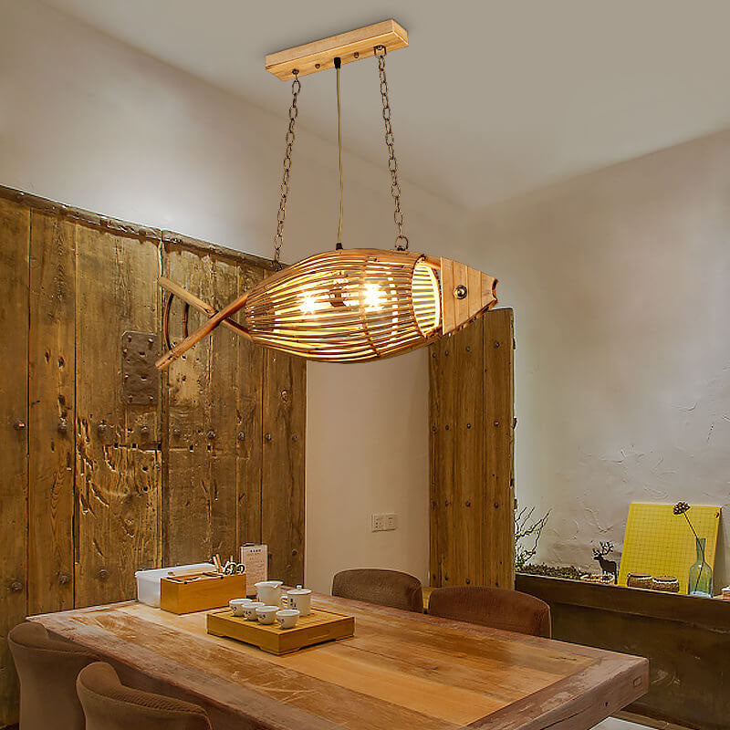 Vintage Bamboo Fish Pendant Light - 1-Light Hanging Lamp for Home Decor, Bohemian Style, Natural Materials, Eco-Friendly Lighting