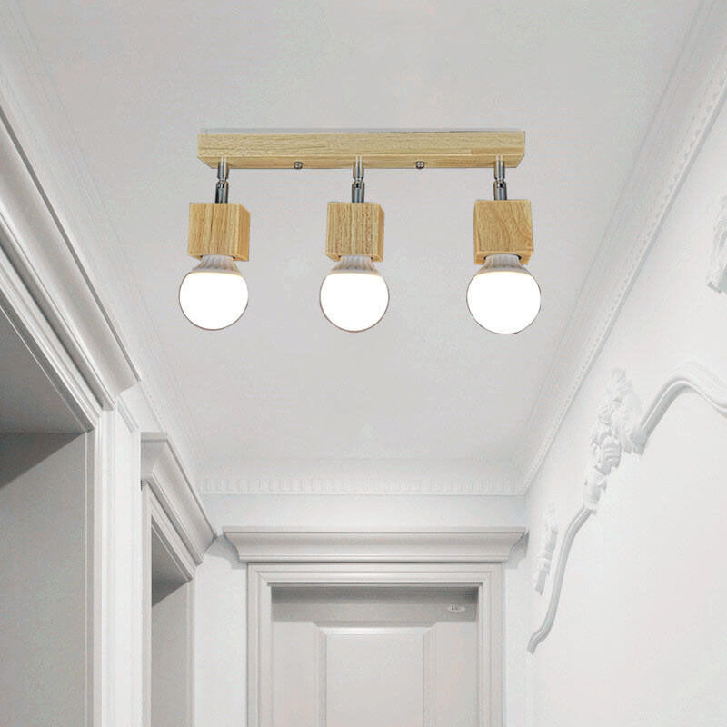 Modern Minimalist Ash Wood Iron Square Flush Mount Ceiling Light - 1/3 Light Fixture for Living Room