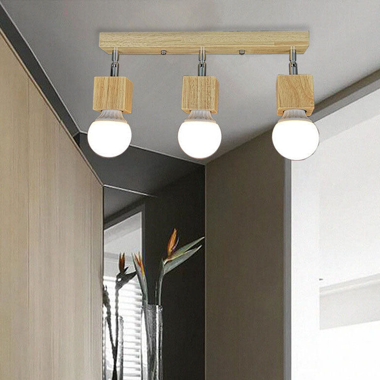 Modern Minimalist Ash Wood Iron Square Flush Mount Ceiling Light - 1/3 Light Fixture for Living Room