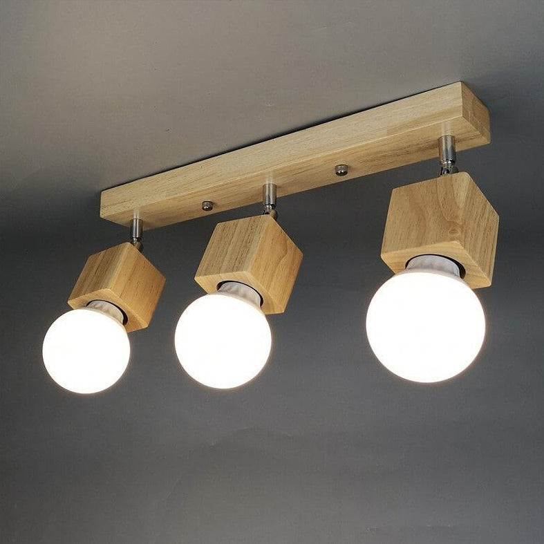 Modern Minimalist Ash Wood Iron Square Flush Mount Ceiling Light - 1/3 Light Fixture for Living Room
