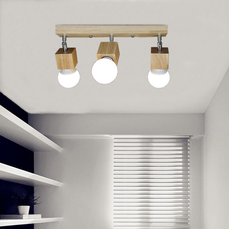 Modern Minimalist Ash Wood Iron Square Flush Mount Ceiling Light - 1/3 Light Fixture for Living Room