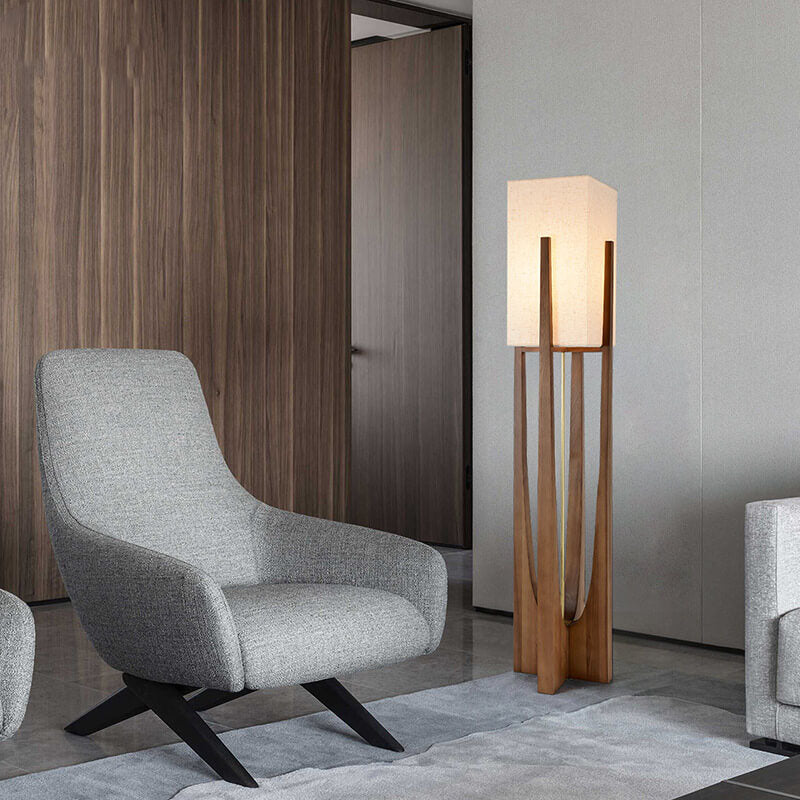 Modern Minimalist Copper Fabric Ash Wood Floor Lamp - 1-Light for Living Room & Bedroom
