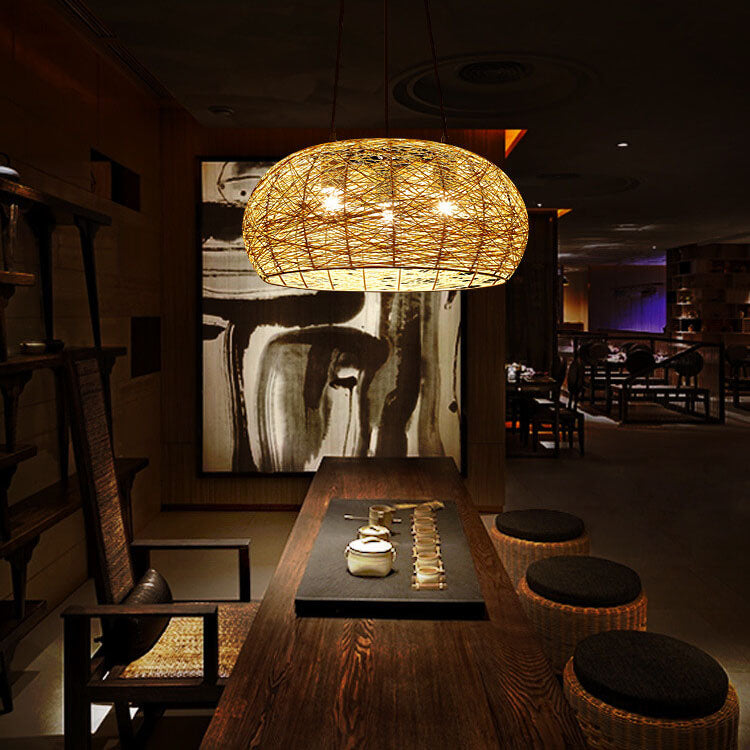 Modern Rattan Weaving 3-Light Dome Pendant Light Fixture