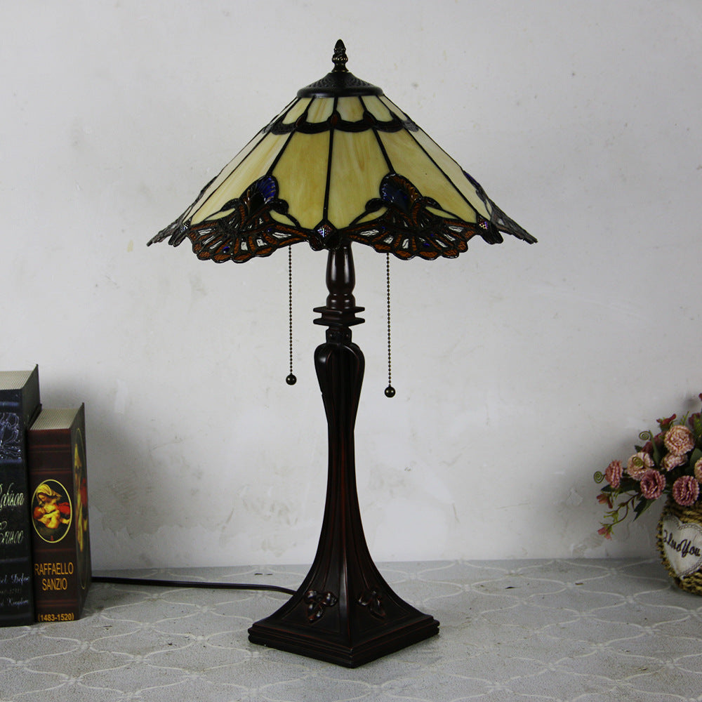 Tiffany Style Stained Glass 2-Light Cone Pull Cord Table Lamp for Bedroom
