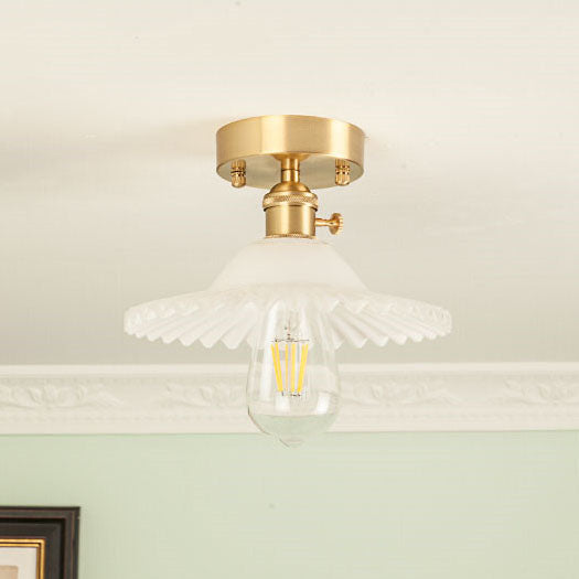 Vintage Round Ripple Brass Glass Semi-Flush Mount Light for Living Room