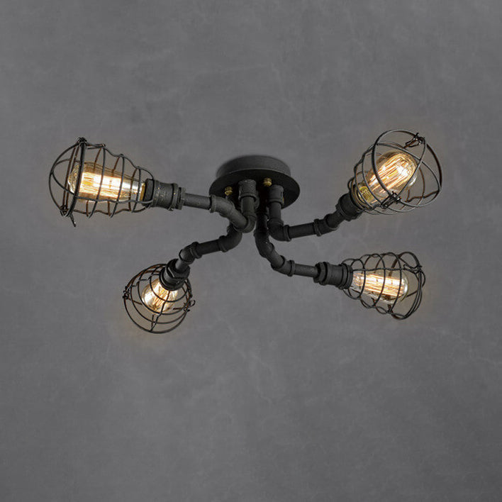 Industrial Vintage Water Pipe Flush Mount Light - 4/6/8 Light Round Iron Ceiling Fixture