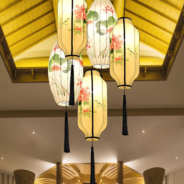Oriental Antique Handmade Oval Lantern Pendant Light - 1-Light Fabric Fixture