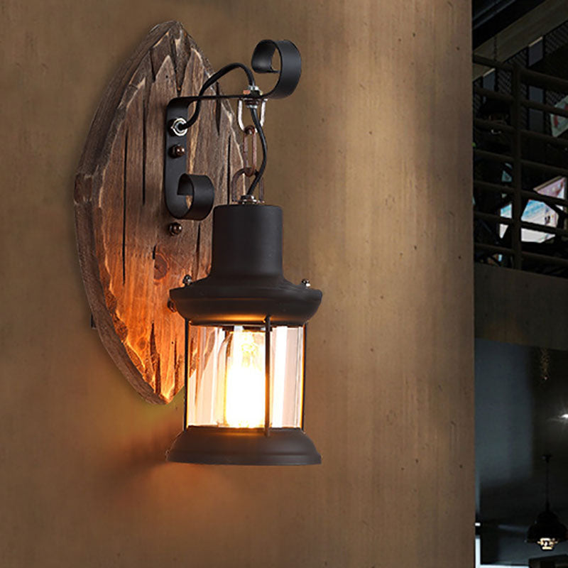 Traditional Farmhouse Wood Disc Wall Sconce - 1-Light Iron Shade Lamp for Dining Room